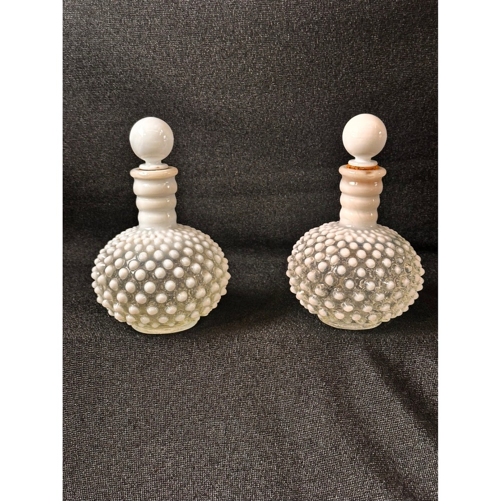 Fenton White Opalescent Hobnail Vintage Perfume Bottles with Stoppers Set of 2